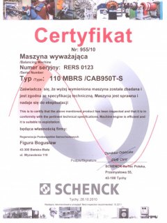 Certyfikat - maszyna wyważająca