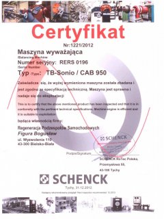 Certyfikat - maszyna wyważająca