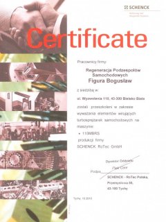 Certyfikat - wyważanie elementów wirujących turbosprężarek