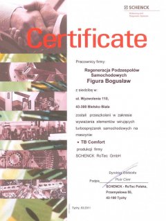 Certyfikat - wyważanie elementów wirujących turbosprężarek