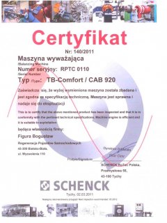 Certyfikat - maszyna wyważająca