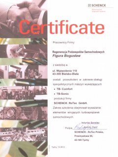 Certyfikat - obsługa specjalistycznych maszyn wyważających