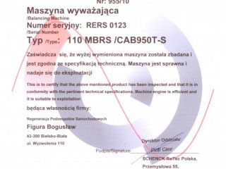 Certyfikat - maszyna wyważająca