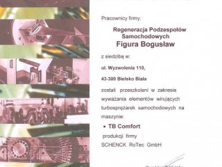 Certyfikat - wyważanie elementów wirujących turbosprężarek