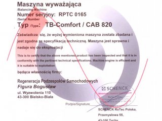 Certyfikat - maszyna wyważająca