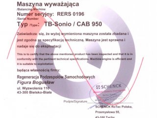 Certyfikat - maszyna wyważająca