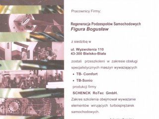 Certyfikat - obsługa specjalistycznych maszyn wyważających