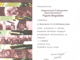 Certyfikat - wyważanie elementów wirujących turbosprężarek